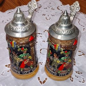 Vintage German Biersteins with Pewter Lids - Set of 2